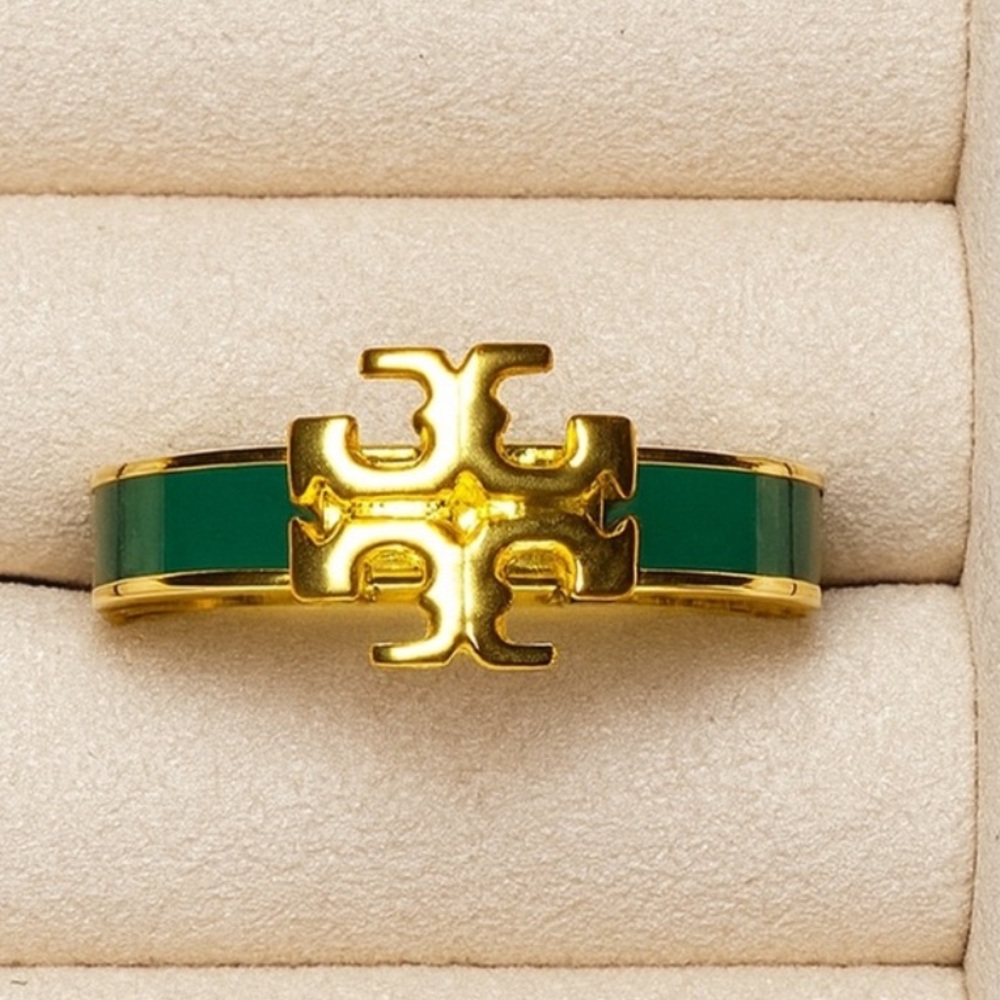 TORY BURCH Kira Green Enamel Double T Monogram Ring NEW $109 Size 6